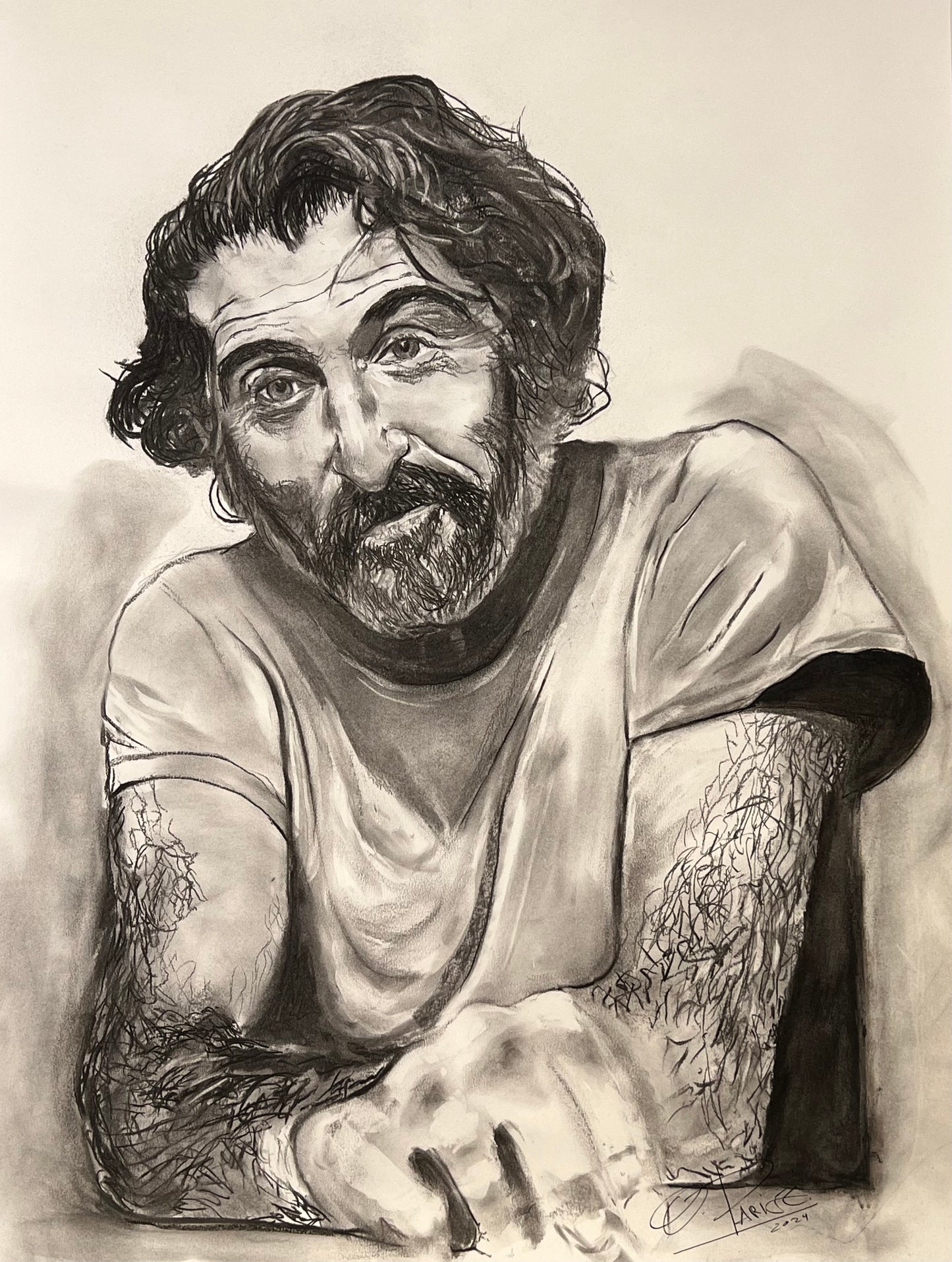 Luis Zahara retrato - Detalle obra carboncillo gran formato 78x60cm - Arte contemporáneo - Osvaldo Parise
