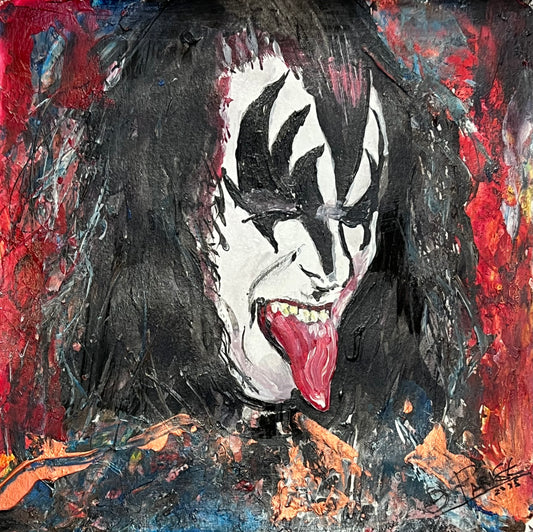 Gene Simmons - Retrato acrílico sobre papel 20x20cm - Bajista KISS - Osvaldo Parise
