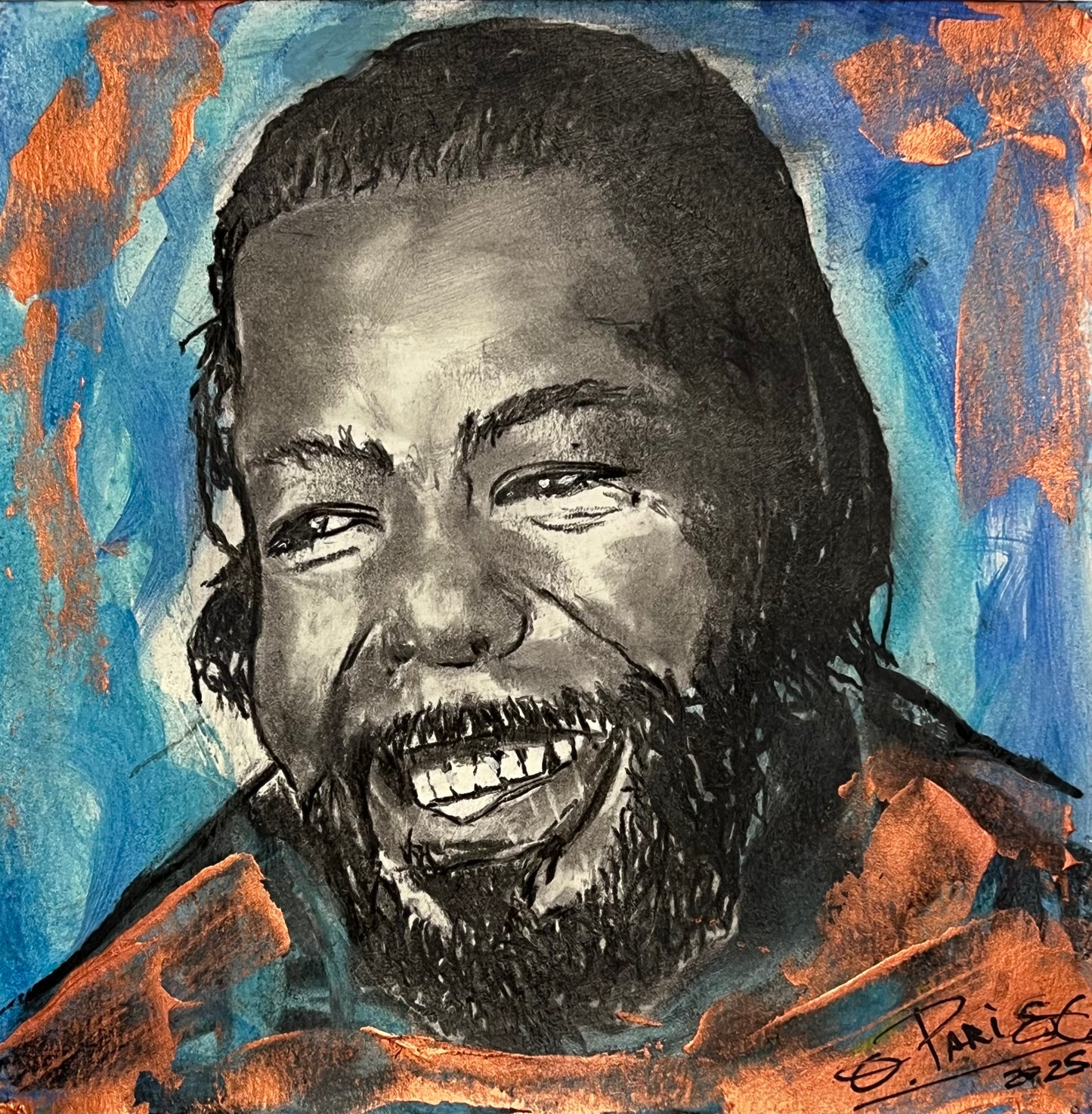 Barry White - Retrato técnica mixta 20x20cm - Cantante soul R&B - Osvaldo Parise
