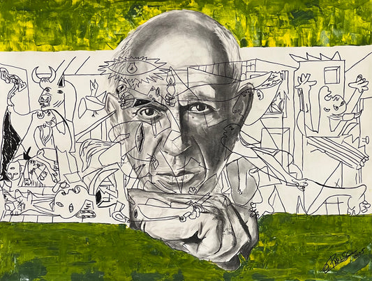 Pablo Picasso y su Guernica - Retrato carboncillo y acrílico 76x62cm - Vista frontal completa de la obra

