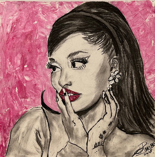 Ariana Grande - Retrato técnica mixta carboncillo y acrílico 20x20cm - Cantante pop - Osvaldo Parise
