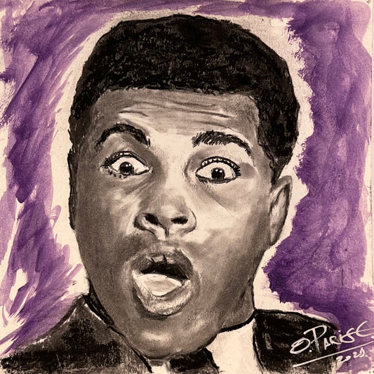 Muhammad Ali - Retrato técnica mixta carboncillo y acrílico 20x20cm - Boxeador leyenda - O
