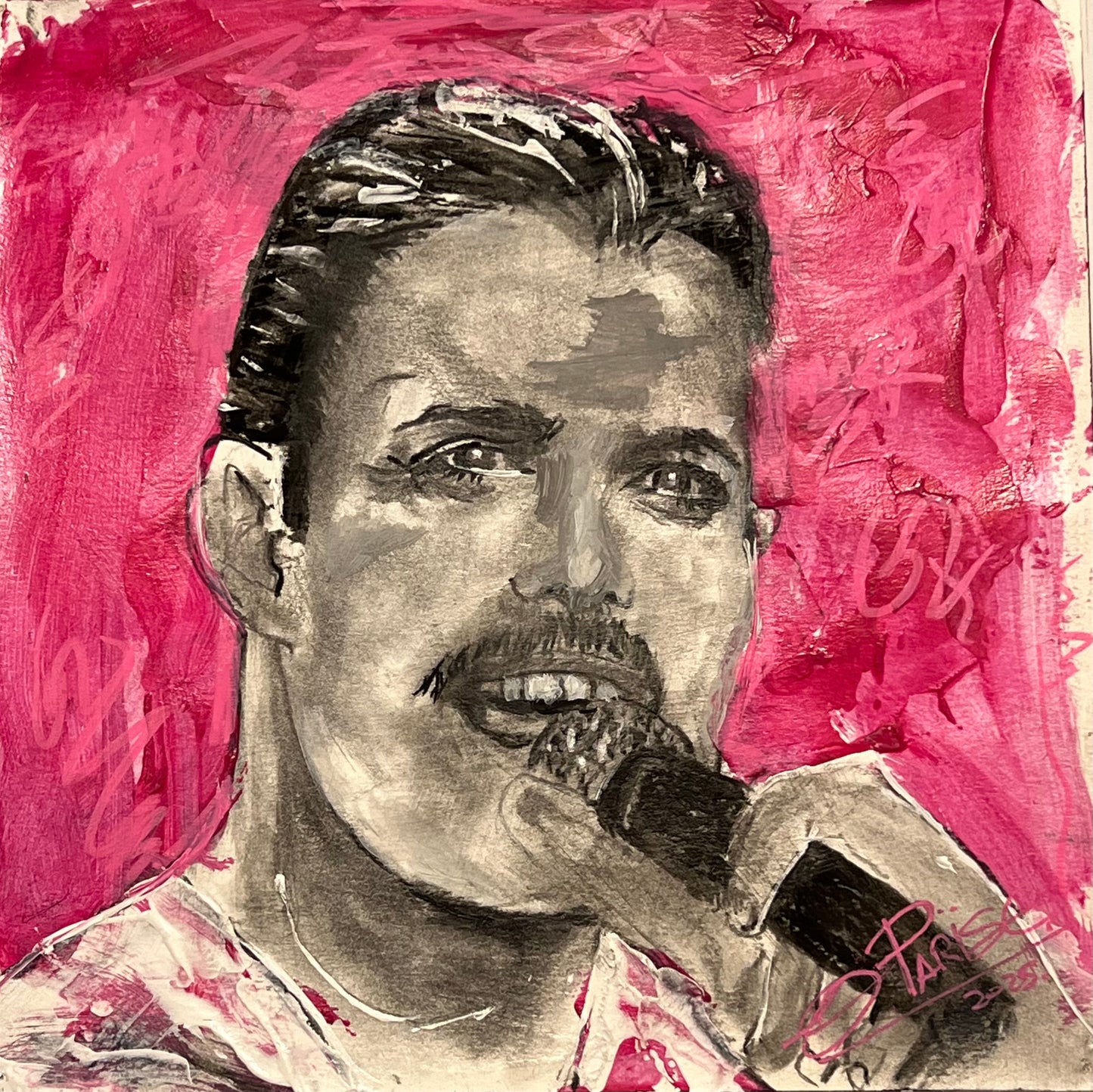 Freddie Mercury - Retrato técnica mixta 20x20cm - Vocalista Queen - Osvaldo Parise
