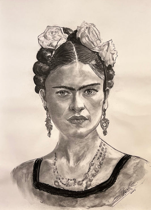 Frida Kahlo - Retrato carboncillo sobre papel - Icono arte mexicano - Osvaldo Parise
