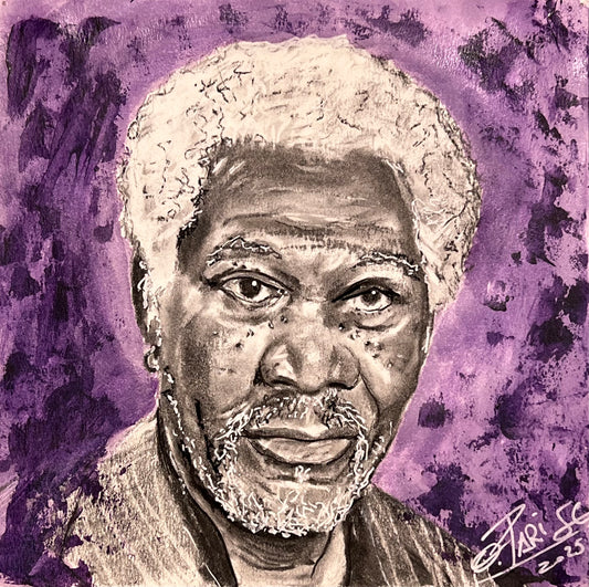 Morgan Freeman - Retrato técnica mixta carboncillo y acrílico 20x20cm - Actor narrador - Osvaldo Parise
