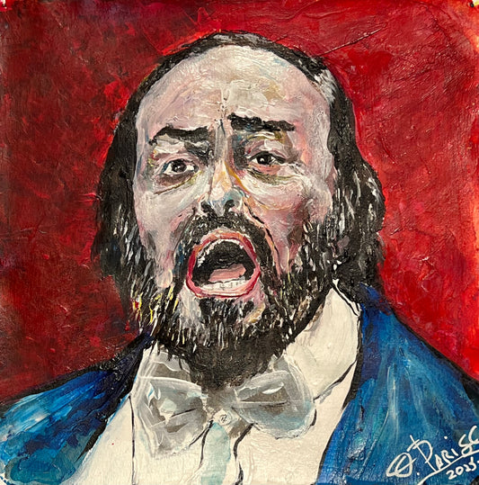 Luciano Pavarotti - Retrato acrílico sobre papel 20x20cm - Tenor italiano - Osvaldo Parise
