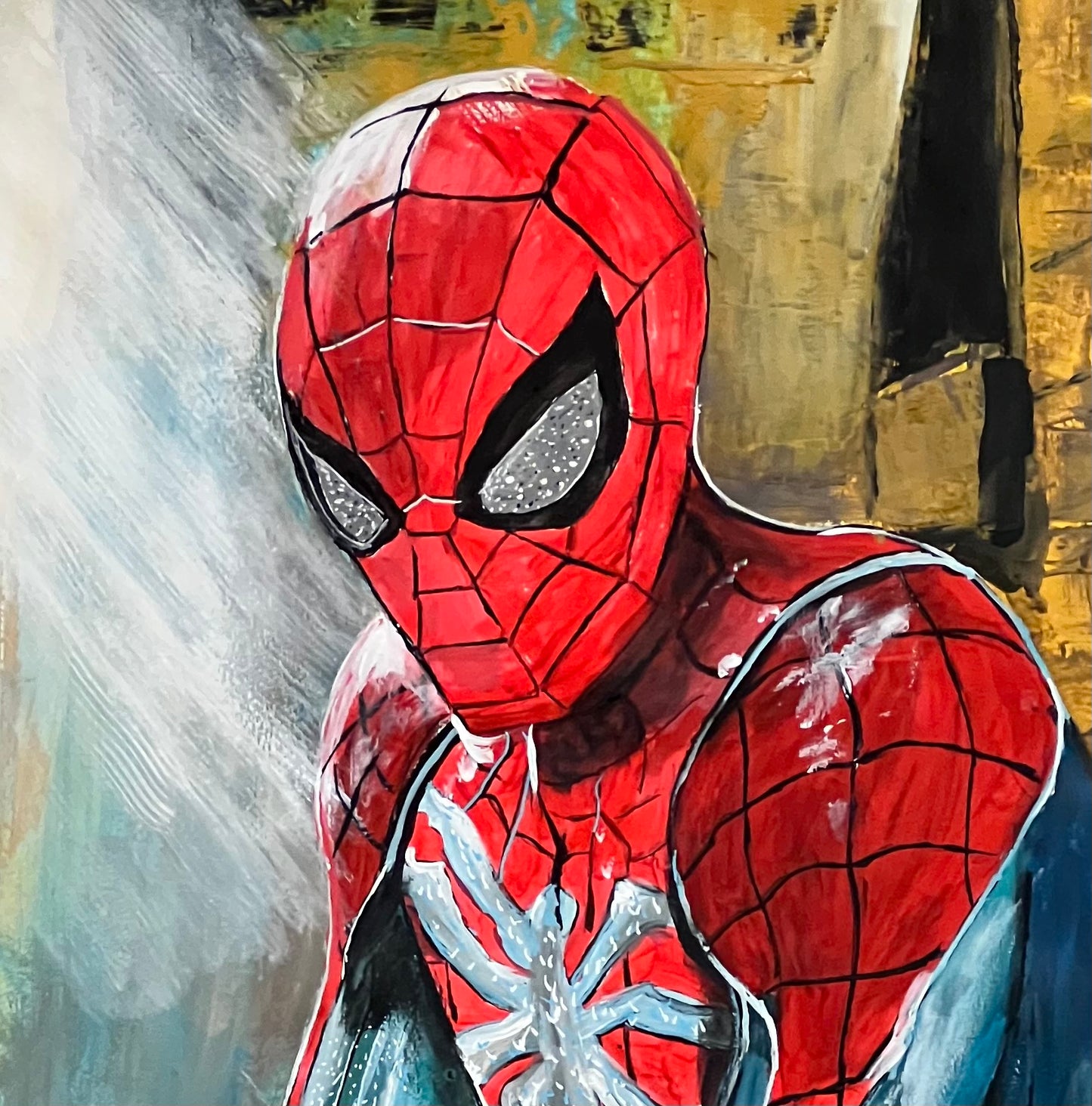 Spiderman pintura - Detalle obra 80x60cm - Superhéroe icónico - Osvaldo Parise
